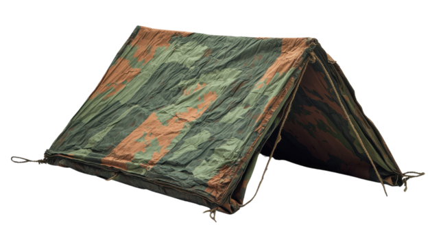 A camouflage tent set up in a natural outdoor environment, perfectly blending into the surroundings for camping and adventure, isolated a transparent background.