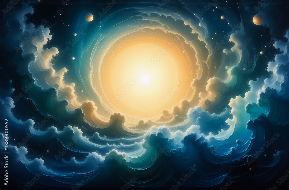 Aufkleber Here's the description and keywords based on the provided image:

A celestial realm unfolds, with swirling clouds framing a bright central light. Hints of distant celestial bodies adorn the blue and g