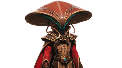 Digital Art Illustration Of A Futuristic Alien Character With Red Gold Armor