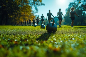 Group of people exercising outdoors in a sunny park