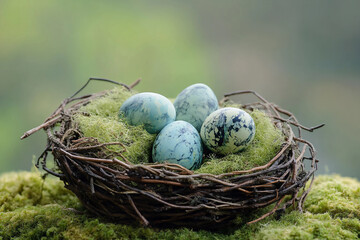 Obraz premium Rustic Easter nest filled with speckled painted eggs resting green natural setting, Generative AI