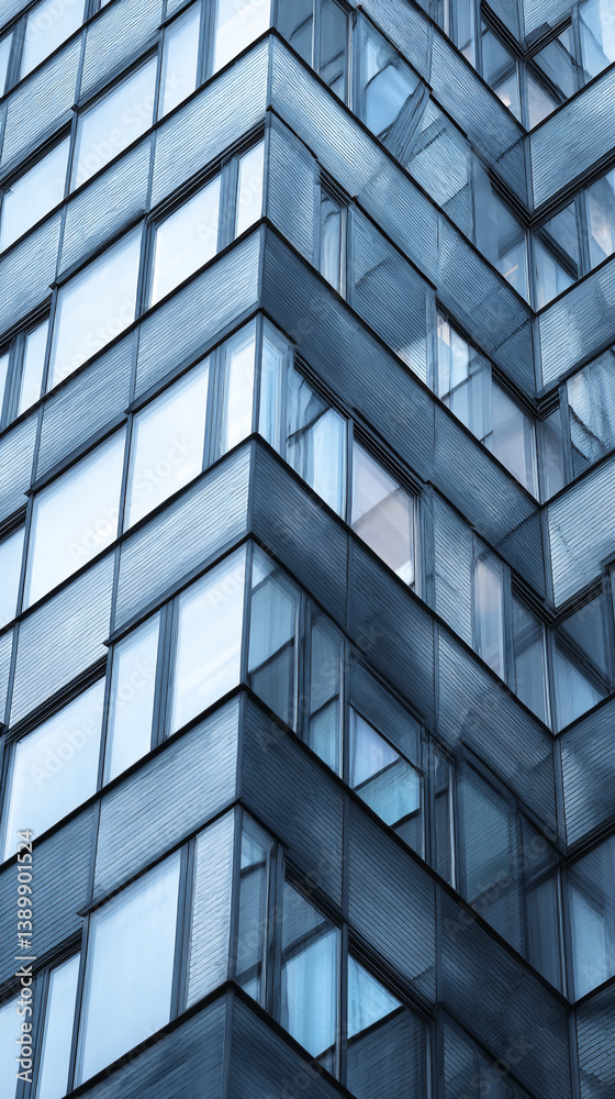 Poster close-up view of a modern building's facade, showcasing a geometric pattern of windows and dark-gray