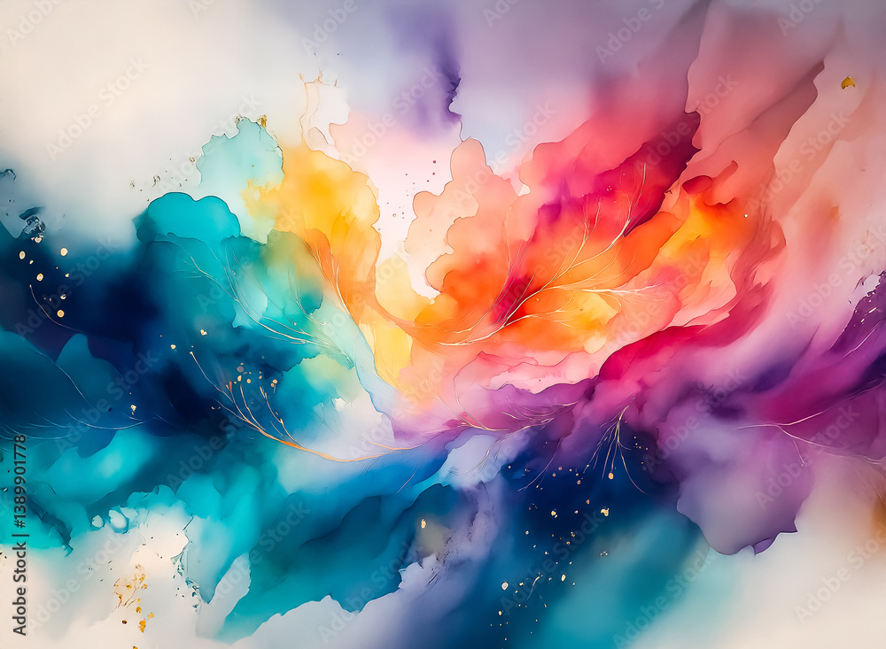 Poster An abstract watercolor painting explodes with vibrant colors. Hints of gold shimmer within the fluid forms. The composition features soft edges and a dreamy feel.