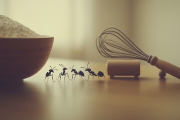 Ants in a kitchen invade baking scene, sneaking flour. Whisk and rolling pin add to homemaking chaos and challenge.