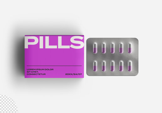 Mockup of Medication Packaging Pills Capsules Box Flatlay