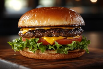Juicy burger with lettuce cheese and tomato on dark background