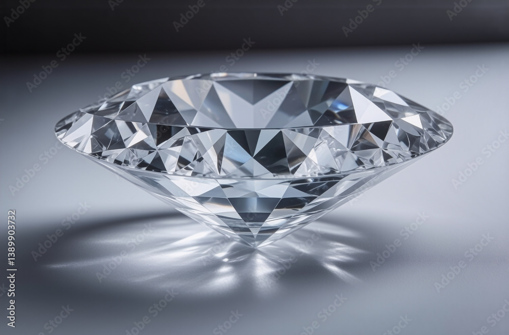 Poster A perfectly cut, sparkling gemstone rests on a reflective surface. Its facets capture and refract light, creating a dazzling display. The gem's flawless clarity is evident in this close-up view, showc