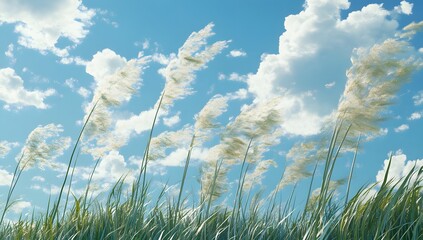 Fluffy grass sways in a breezy sky