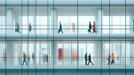 Blurred figures walking in a modern glass building interior, showcasing a sense of motion, activity, and contemporary architecture, ideal for business or corporate concepts