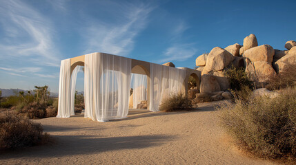 Obraz premium Elegant ethereal fabric screen by the desert resort, blending luxurious ambiance with creative modern art.