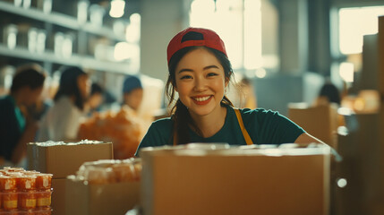 Smiling asian woman with red cap in warehouse surrounded by boxes and other workers in the background