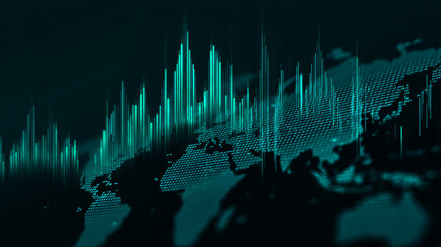 Teal digital bars rise above a world map, creating a dynamic visualization of global data or network activity, symbolizing connectivity, technology, and global reach