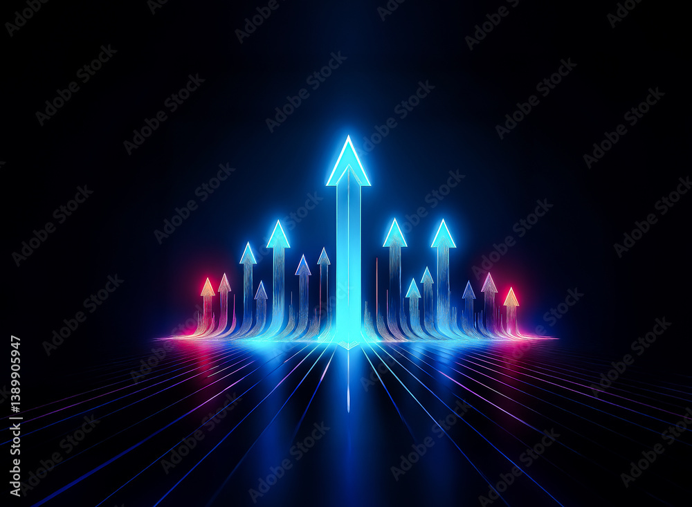Poster brightly illuminated arrows ascend on a reflective black surface. light emanates, showcasing growth,