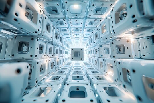 Symmetrical futuristic chamber filled with complex technological structures - Powered by Adobe