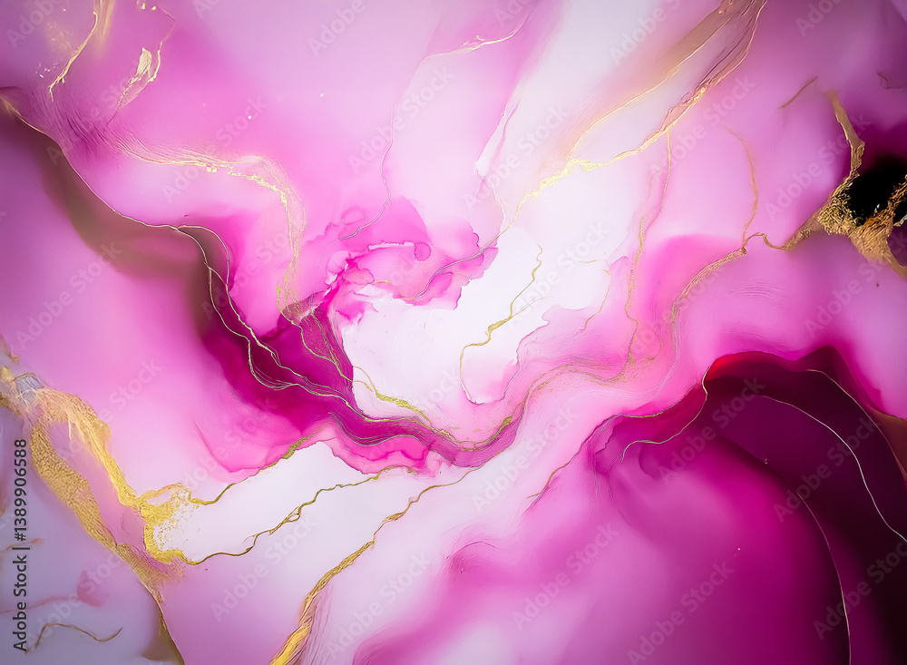 Fototapete swirling abstract artwork displaying vibrant pink, gold and purple hues. fluid forms with wispy text