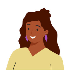 Happy African-American girl avatar. Young black woman smiling, portrait. Female character with freckles, puff hair bun.