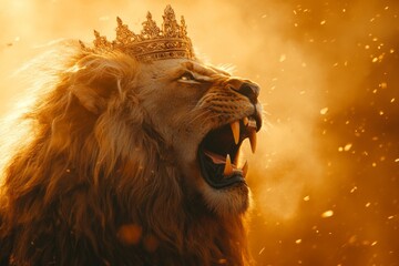 Majestic lion roaring with mouth open and mane flowing in golden light