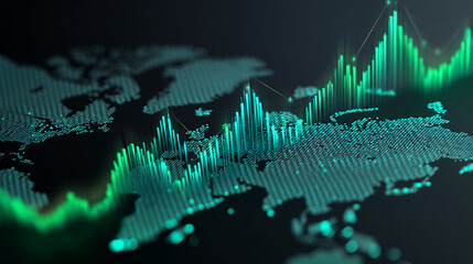 Abstract world map with vibrant green data bars, visualizing global data flow or market trends, showcasing dynamic growth and interconnectedness