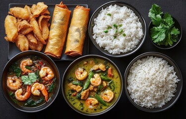 Thai Cuisine Still Life with Green Curry, Shrimp Soup, Fried Spring Rolls and Stir-Fried Noodles