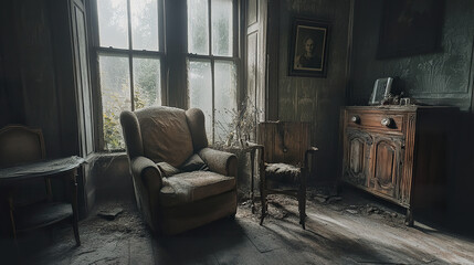 Abandoned farmhouse interior with decaying furniture and eerie atmosphere