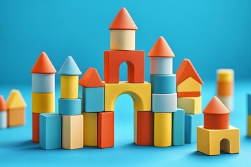 Fototapeta premium Colorful wooden blocks arranged to form a childs imaginary castle
