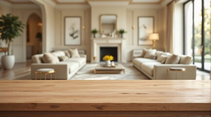 Obraz premium A clean wooden table is in sharp focus in the foreground, with a cozy, modern and minimalist living room faintly visible in the background.