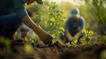 men are planting trees and watering them to help increase oxygen in the air and reduce global warming, Save world save life and Plant a tree