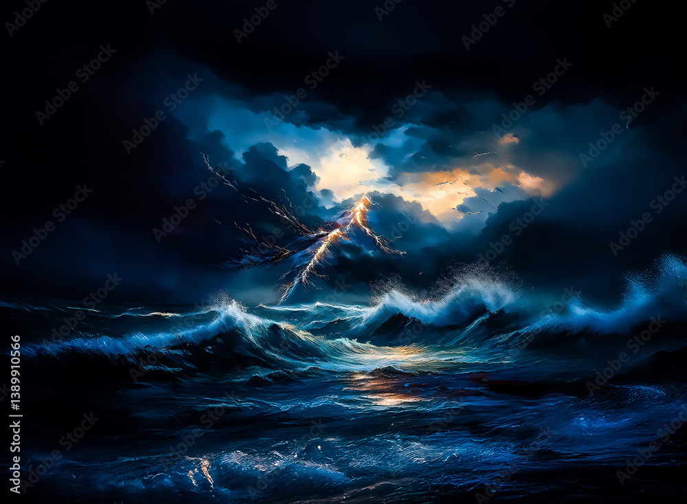 Poster Dramatic, stormy ocean scene under a brooding sky. Lightning illuminates churning waves, creating a powerful and awe-inspiring display of nature's might. The colors are dark blues and vibrant yellows 