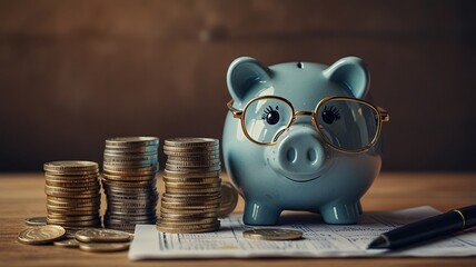 Whimsical Financial Planning with Piggy Bank and Money Stacks on Wooden Table