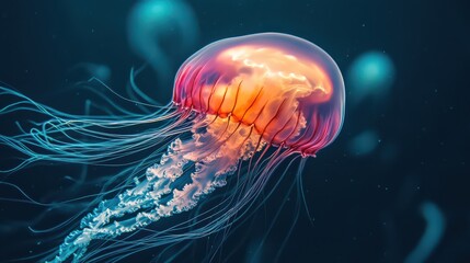 Naklejka premium A dramatic underwater shot of a jellyfish in motion, its translucent body creating a soft glow as it drifts gracefully through the water.