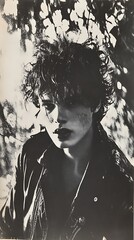 A monochrome portrait of a person with textured hair and a jacket