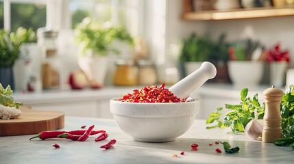 Freshly Ground Red Chili Peppers in a White Mortar and Pestle