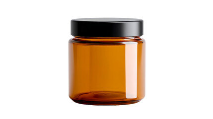 Amber glass jar with black lid mockup cosmetic product packaging design isolated on transparent background