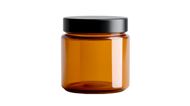 Amber glass jar with black lid mockup cosmetic product packaging design isolated on transparent background