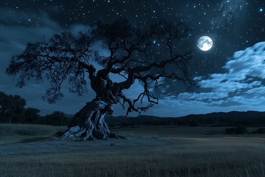 A starry night sky above an old, twisted oak tree in a peaceful field, the moon casting eerie shadows. - Powered by Adobe