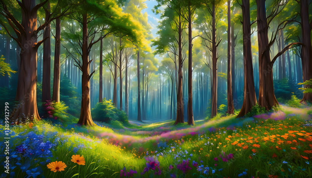 Poster lush forest scene with vibrant flowers and tall trees, creating a serene and tranquil atmosphere
