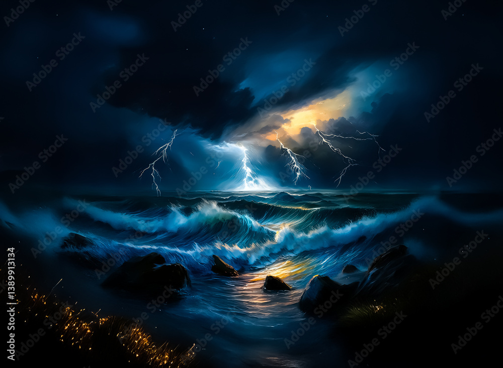 Poster A painting captures a stormy sea with lightning illuminating raging waves. Dark clouds obscure the sky. The ocean's power is displayed. Hints of the night and light.