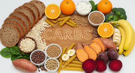 Carbs food display with healthy carbs like bread pasta fruits vegetables grains and sweet potatoes arranged on wooden board for carbs concept