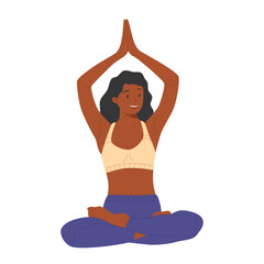 Black woman meditating lotus pose. Calm peaceful female, girl sitting in zen yoga position in peace.