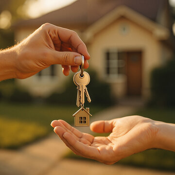 Hands exchanging house keys in front of a new home  