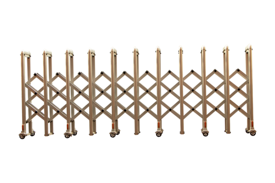 Folding retractable fence on casters. Chrome aluminum barrier on casters. Sliding gates on rollers. Pedestrian barrier. Barricade Gate. Isolated on cut out PNG or transparent background.
