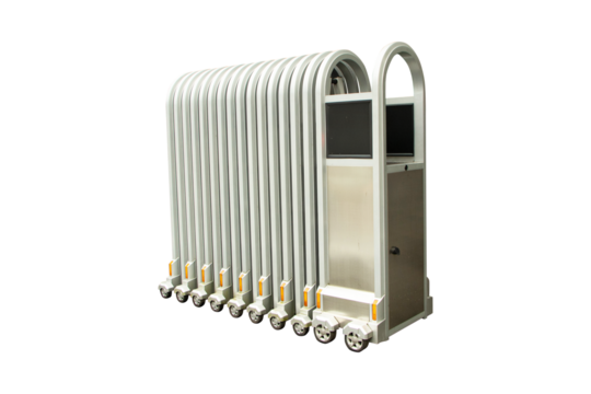 Folding fence retractable fence on casters isolated on cut out PNG or transparent background Chrome aluminum barrier on casters. Sliding gates on rollers. Pedestrian barrier. Barricade Gate. 