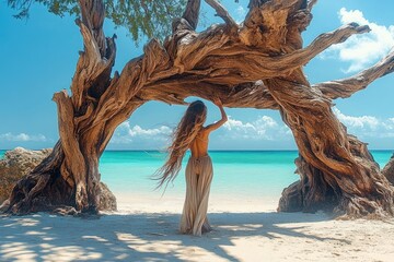 young beautiful woman relaxing on tropical beach under driftwood structure in summer sunlight