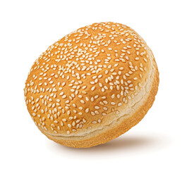 Burger bun with sesame seeds isolated on white background, full depth of field