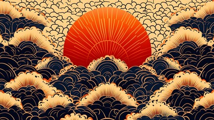 there is a large red sun in the middle of a sea of clouds