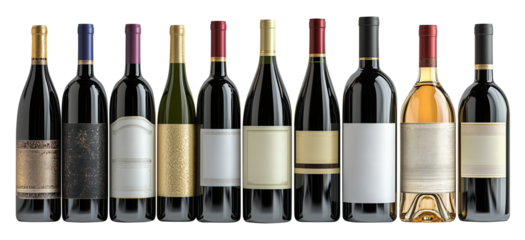 collection of various wine bottles with different labels and colors, showcasing range of styles and designs. bottles are arranged in row, highlighting their unique features