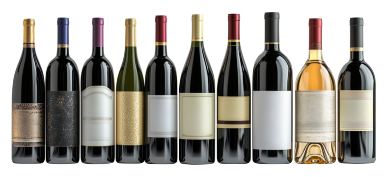collection of various wine bottles with different labels and colors, showcasing range of styles and designs. bottles are arranged in row, highlighting their unique features