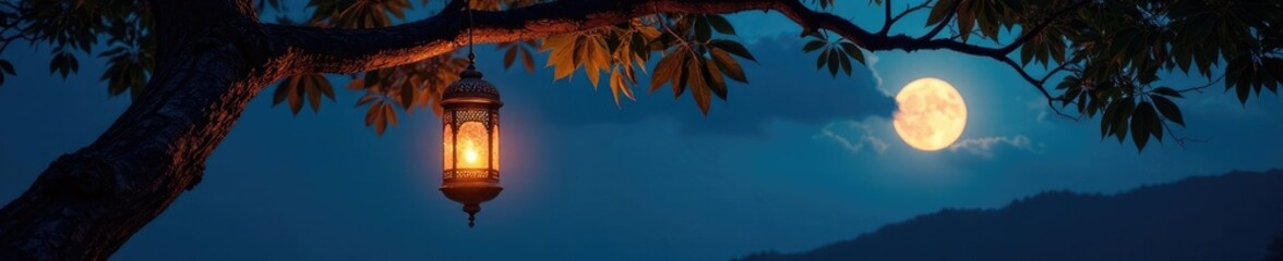Fototapeta premium An arabic lantern suspended from the branches of a majestic tree under the full moon, majestic, tree
