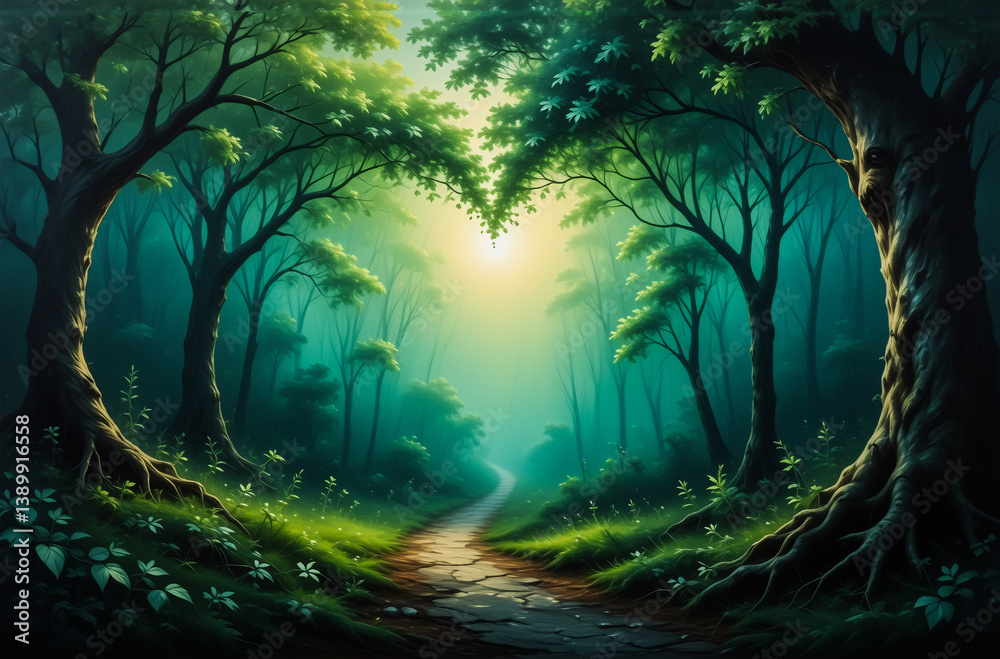 Poster a tranquil forest scene depicts a heart-shaped opening in the canopy, allowing sunlight to filter do