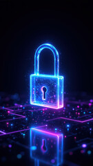 Futuristic cyber lock on a neon grid background.